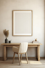 mockup empty, blank artwork oak frame, inside an inviting rustic office room, earthy palette. The walls soft cream or beige color