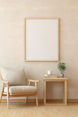 mockup empty, blank artwork oak frame, inside an inviting rustic office room, earthy palette. The walls soft cream or beige color