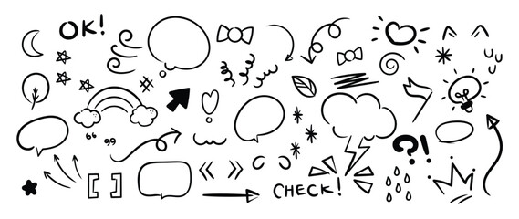 Fototapeta na wymiar Set of cute pen line doodle element vector. Hand drawn doodle style collection of speech bubble, arrow, firework, heart, rainbow, star. Design for decoration, sticker, idol poster, social media.