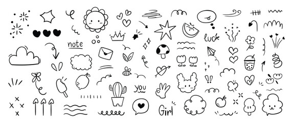 Fototapeta na wymiar Set of cute pen line doodle element vector. Hand drawn doodle style collection of speech bubble, arrow, firework, heart, crown, flower, fart. Design for decoration, sticker, idol poster, social media.