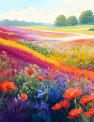 Beautiful Pretty and colorful field of flowers painting illustration