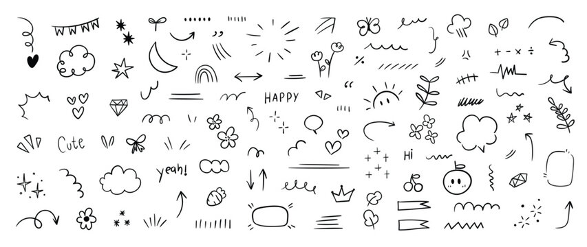 Set of cute pen line doodle element vector. Hand drawn doodle style collection of speech bubble, arrow, rocket, butterfly, crown, heart. Design for decoration, sticker, idol poster, social media.