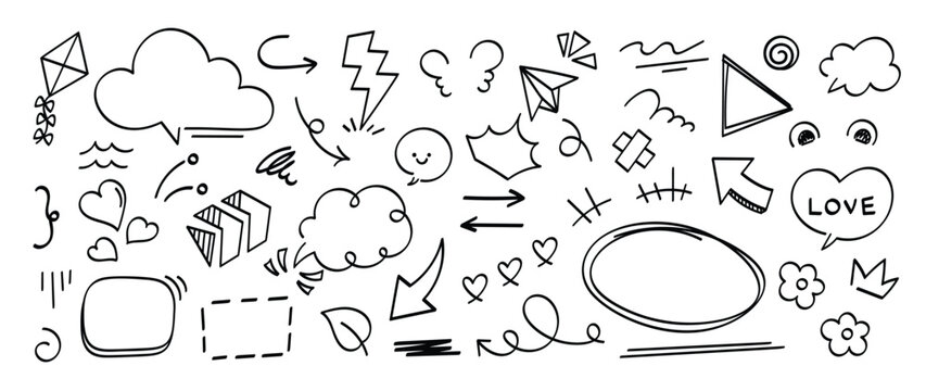 Set of cute pen line doodle element vector. Hand drawn doodle style collection of speech bubble, arrow, rocket, thunderbolt, crown, heart. Design for decoration, sticker, idol poster, social media.