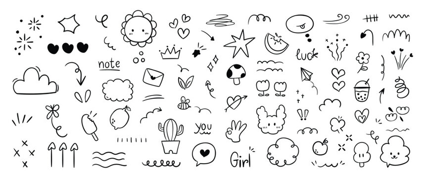 Set of cute pen line doodle element vector. Hand drawn doodle style collection of speech bubble, arrow, firework, heart, crown, flower, fart. Design for decoration, sticker, idol poster, social media.