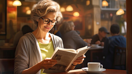 Portrait of modern senior woman reading news using newspaper in outdoor cafe. Morning news