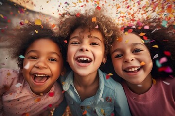 Cheerful children celebrating with flying colourful confetti. Celebration concept