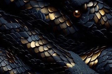 Black snakes.Seamless magical fantasy pattern with snakes and dragons.Scales.