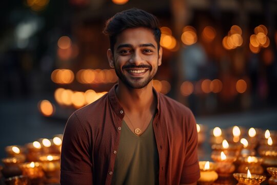 Portrait of a smiling Indian ethnic male in the background of Diwali festival lights