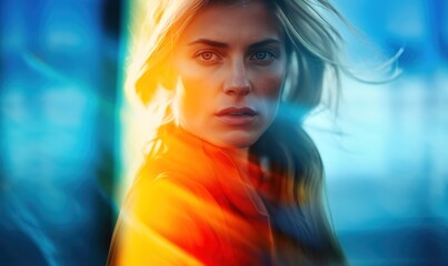 Portrait of blonde woman with intense look standing under blue and orange lights - obrazy, fototapety, plakaty