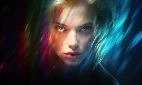 Abstract porrait of blonde woman looking intensly at the camera