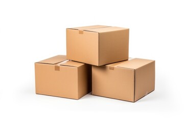 Clean, plain cardboard boxes in stock , white background, isolated on white. Generative AI.