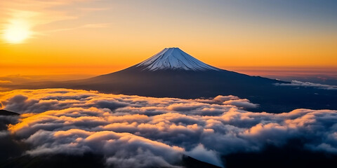 Aerial Panorama Landscape of Fuji Mountain. Iconic and Symbolic Mountain of Japan.generative ai