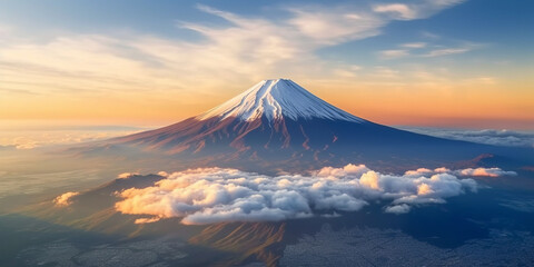 Aerial Panorama Landscape of Fuji Mountain. Iconic and Symbolic Mountain of Japan.generative ai