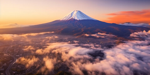 Aerial Panorama Landscape of Fuji Mountain. Iconic and Symbolic Mountain of Japan.generative ai