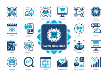Digital Marketing icon set. Market Research, Viral, Mobile Advertising, Growth, Pay per Click, Sharing, Social Media, Strategy. Duotone color solid icons