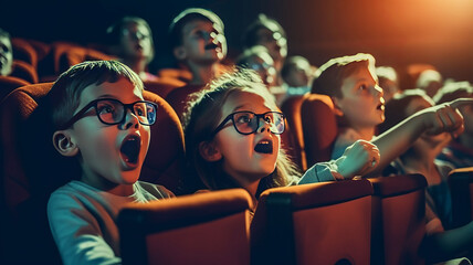 Amazed children in casual wear and 3D glasses in cinema.Generative ai