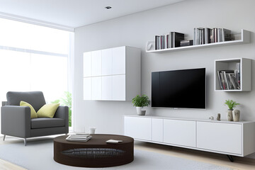 Mockup a cabinet TV wall mounted with armchair in living room with a white cement wall. 3d rendering. Modern living room