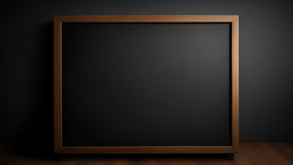 Blank blackboard in dark room with wooden frame. 3D render