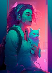 Illustration with lo-fi aesthetic. Neon poster with a girl and a cat. Generative AI