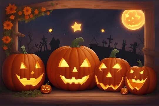 halloween pumpkins with glowing lights generative AI
