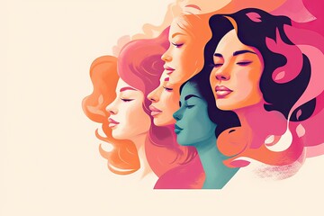 female pink march banner space profile faces people banner pin multiple AI women copy Women's pastel illustration day Generative woman horizontal copy graphic space 8 celebration background face