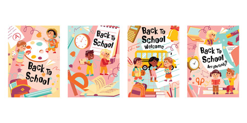 Poster Back to school in flat cartoon style. Cartoon-inspired illustration for a poster or banner design, capturing the excitement of "back to school" season. Vector illustration.