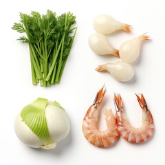 Collection of fresh shrimp and leek isolated on white background