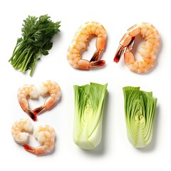 Collection of fresh shrimp and leek isolated on white background