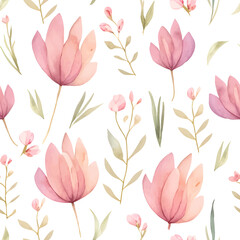 Watercolor seamless floral pattern with abstract flowers and leaves on white background.