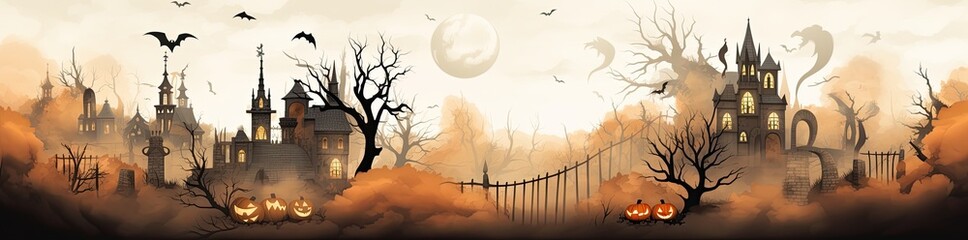 Spooky halloween landscape with evil pumpkins and castles. Generative AI