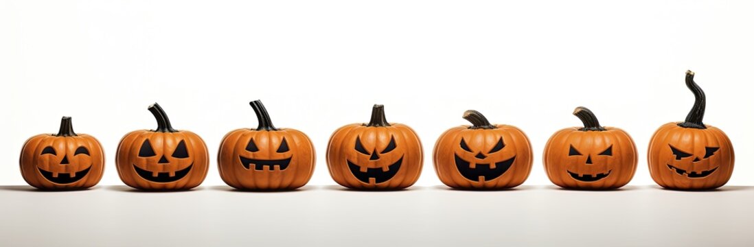Lined pumpkins in a Halloween-style on a white background. Generative AI