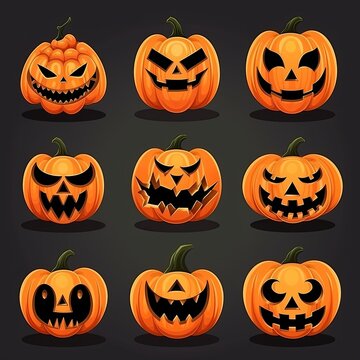 Many pumpkins in a Halloween-style on a dark background. Generative AI