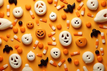 Festive Halloween and chocolat sweets on orange backgorund. Generative AI