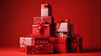 a stack of various red christmas presents on a red background