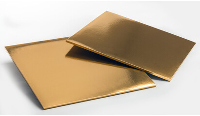 Golden plastic square tray isolated over white background