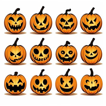 Pumpkins faces in a Halloween-style on a light background. Generative AI