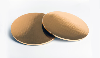 Golden plastic round tray isolated over white background