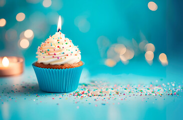 One cupcake with candle on a blue background, confetti, bokeh. Concept of birthday, holidays