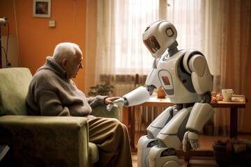 Robot taking care of the elderly in a nursing home in Future Generative AI. - obrazy, fototapety, plakaty