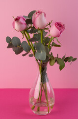 Naklejka premium Vertical image of pink rose flowers in glass vase and copy space on pink background