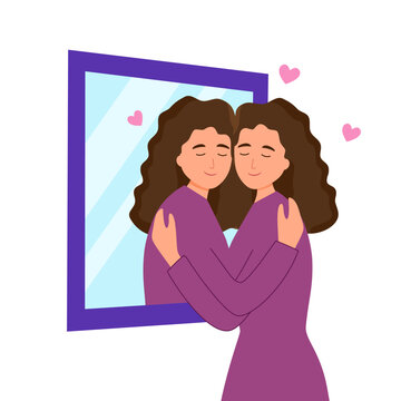 Self love or self care concept vector illustration. Woman hugging herself in the mirror flat design on white background.