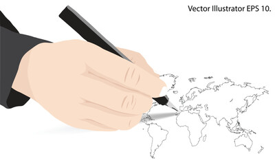Hand writing World Map Earth Globe Vector line Sketched Up Illustrator, EPS 10.