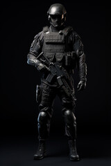Furious elit soldier with full equip with tactical rifle on black background 