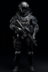 Furious elit soldier with full equip with tactical rifle on black background 