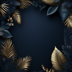 Golden frame with tropical leaves on a dark background. Greeting card, invitation, advertisement.