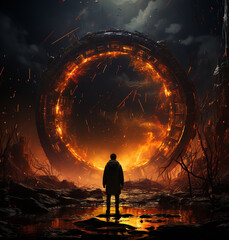 Wide shot of people facing to Gate Portal. Fantasy Fiction