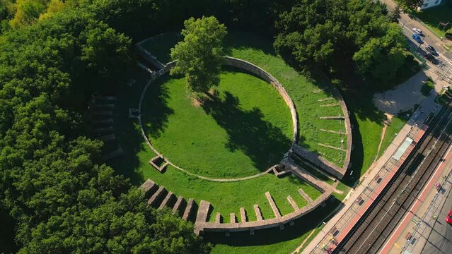 Top View Of The Aquincum Military Amphitheatre In Budapest, Hungary. Aerial Topdown