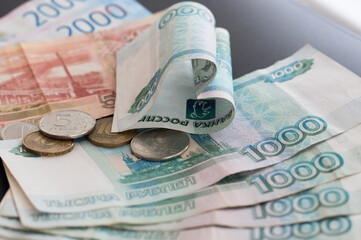 Russian rubles folded in a heart, love for money