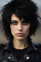 Punk look Caucasian woman in closeup shot with messy hair 