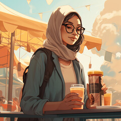 Illustration of positive hijabi woman drinking orange in closeup shot 